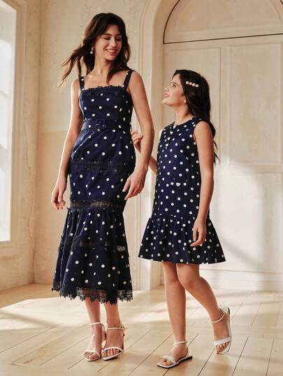 Anewsta Tween Girl Navy Blue Polka Dot Sleeveless Mermaid Dress