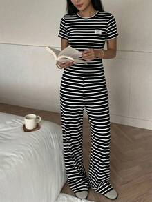 Bộ áo thun và quần kẻ sọc thường ngày cho bé gái tuổi teen, thích hợp cho mùa hè. - màu đen - Xem 3