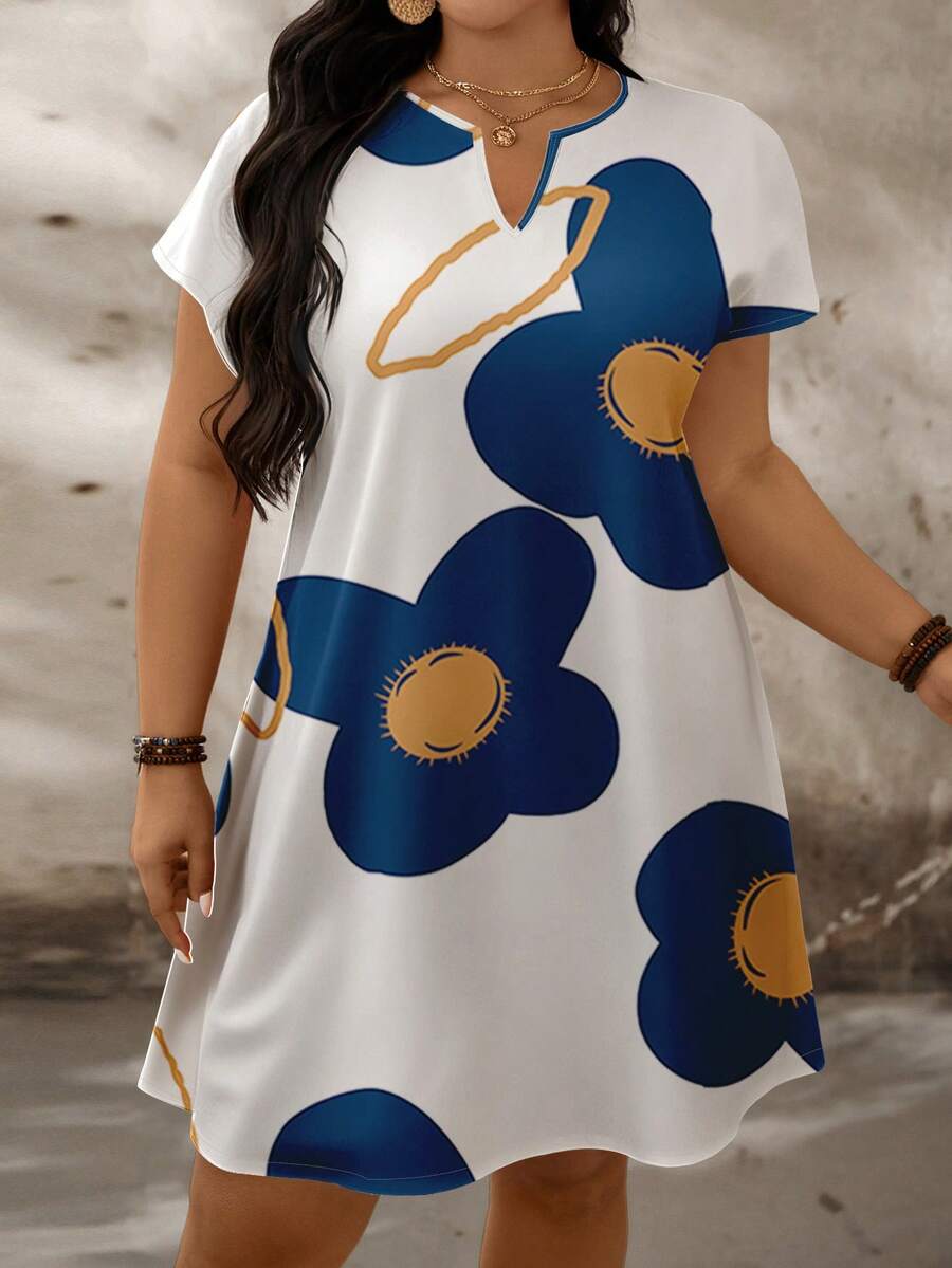 SHEIN LUNE Casual Minimalist Color Block Pattern Loose Short Sleeve Plus Size Dress, Suitable For Summer - Multicolor - View 1