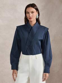 Briarwyn Camisa de mujer de manga larga a rayas con cuello asimétrico, elegante para el verano - Azul - Ver 3