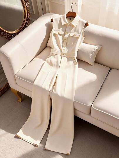 GlowEve Women's Lace Striped Shirt Collar Front Metal Button Placket, Front & Side Real Pockets, Waist Drawstring, Sleeveless Full Length Jumpsuit, Elegant Workwear French Retro Office Commute, Versatile For Casual, Business, Beach, Spring/Summer