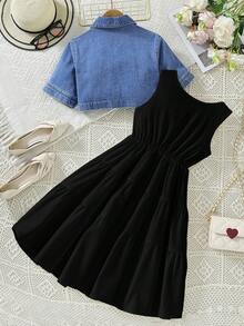 SHEIN 2 Stücke/Set Lässige Denim Jacke und weißes Kleid - Schwarz - Übersicht 2