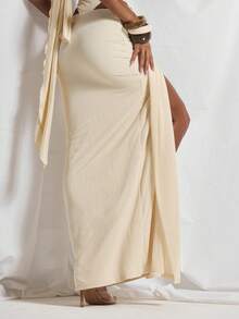 MUSERA 低腰不对称垂褶褶皱细节开衩长裙套装（单裙）可爱假日性感夜生活度假春夏优雅阳光垂褶 - 杏色 - 查看 4