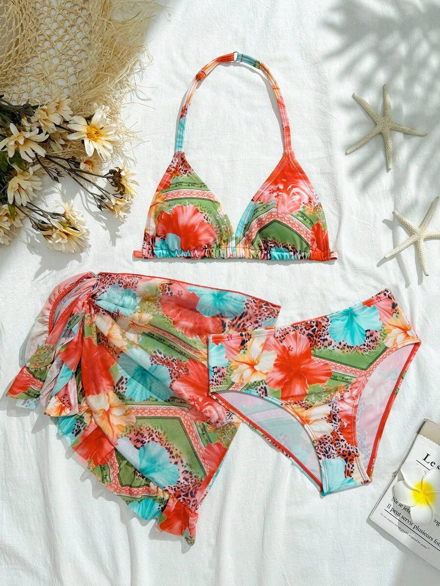 SHEIN 少女三件套比基尼套装,可爱热带花卉豹纹印花,针织面料挂脖比基尼上衣+网纱裙,时尚休闲优雅,适合游泳、海滩、泳池、夏季度假。 - 彩色 - 查看 1