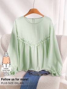 CosyJoli Plus Size Women Striped Round Neck Ruched Casual Versatile Daily Wear T-Shirt - Green - View 3