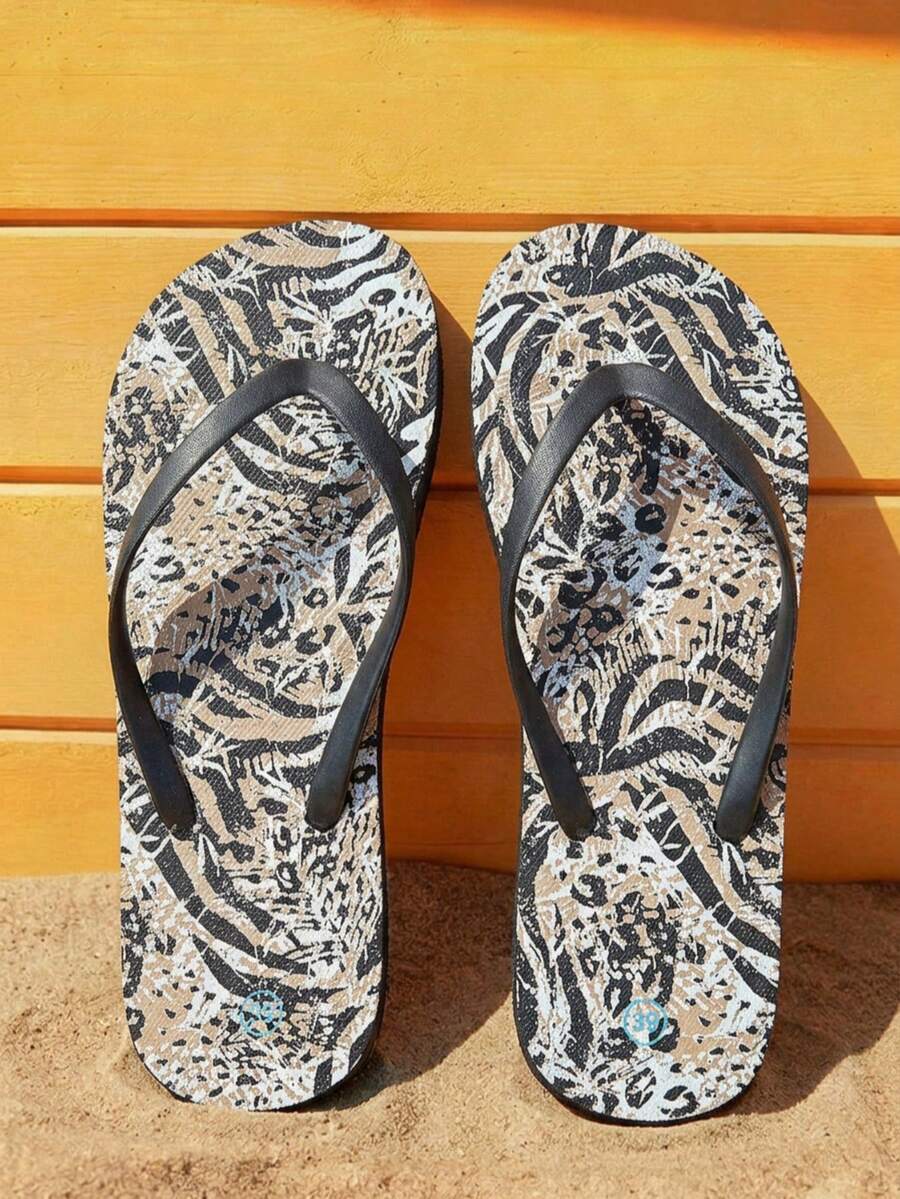 Grefit Chanclas de mujer, sandalias con estampado de leopardo y animal sexy, pantuflas de suela blanda para el hogar, adecuadas para el baño, de secado rápido, para usar en exteriores, chanclas de playa para vacaciones - Negro - Ver 1