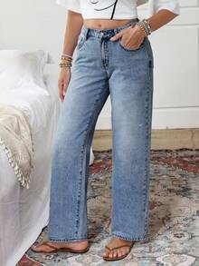 EMERY ROSE Plus Size Women Autumn/Winter Floral Embroidered Washed Slant Pocket Jeans - Blue - View 7