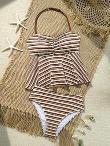 SHEIN Tween Girls Tankinis, Cute Knitted Jacquard Fabric Halter Neck Ruffle Hem Design Swimsuit Two Pieces Set, European And American Fashion Elegant Casual Graceful, Suitable For Swimming, Beach, Vacation, Summer - Multicolor - View 3