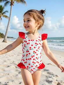 1件可爱樱桃印花女童连体泳衣 - 紅白色 - 查看 1