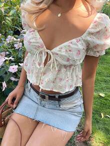 CovetEZ 女士印花系带荷叶边短袖衬衫 女士上衣和衬衫 夏季上衣搭配牛仔裤 女士夏季上衣 女士夏季服装 女士印花衬衫 - 粉色 - 查看 4