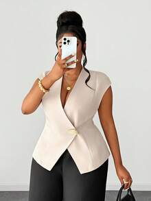 Maweii Blazer sin mangas de corte slim de moda de verano para tallas grandes - Caqui - Ver 6