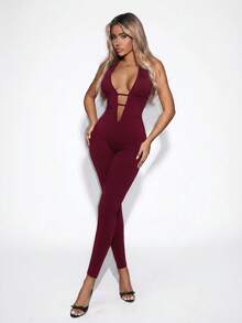 SHEIN ICON Bộ áo liền quần hở lưng cổ yếm màu trơn dành cho nữ - Màu Đỏ Sâu - Xem 1