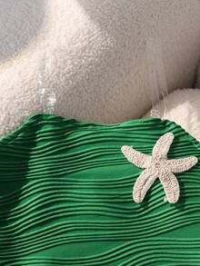 Sparklyn 两件套女童Y2K风格黄白条纹配套文胸上衣，饰有3D海星刺绣，采用柔软泡泡质感面料，搭配平角内裤，亲肤柔软面料，甜美海滩度假风，适合夏季穿着 - 綠色 - 查看 3