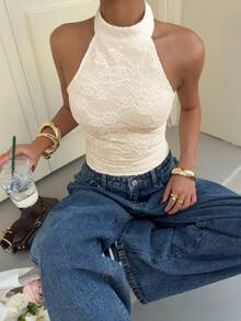 Muchica Women's Apricot Knit Halter Neck Top - Apricot - View 5