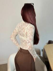 Abrilcols 女士花卉蕾丝立领长袖透视性感连体衣 - 杏色 - 查看 2