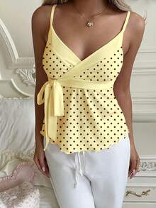 CovetEZ Women's Polka Dot Spaghetti Strap Criss-Cross Wrap Tie Back Tank Top - Light Yellow - View 6