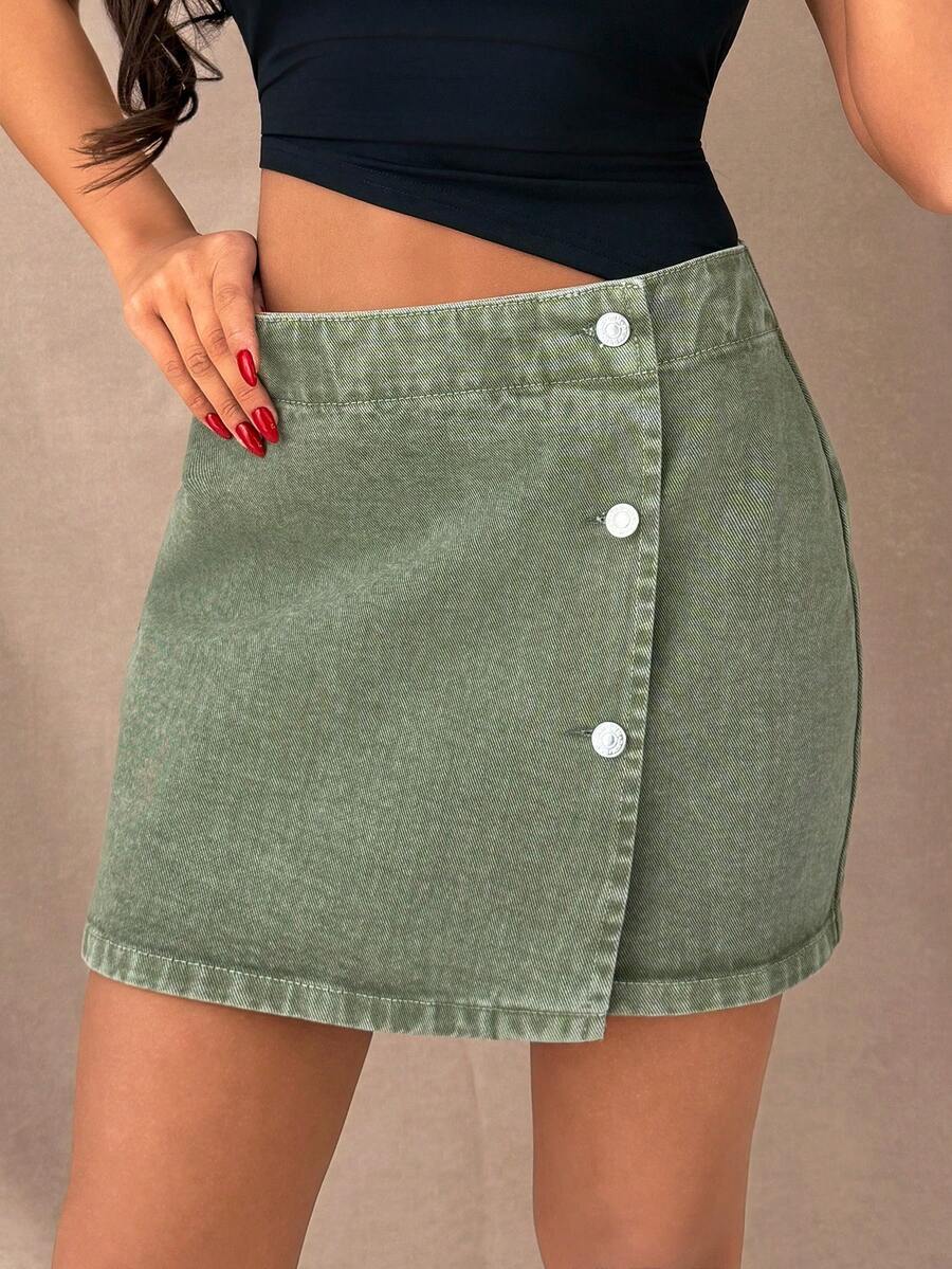 SHEIN 100% Cotton High Waist Regular Fit Denim Skirt - Green - View 1