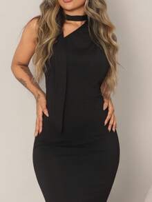 Rayane Ketlyn 女士纯红色露背吊带连衣裙，适合约会、圣诞派对、晚会 - 黑色 - 查看 3