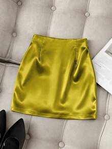 Franclia Fashionable New Glossy Asymmetrical Hem High Waist Slim Pleated Bodycon Skirt For Women, Spring/Summer - Mustard Yellow - View 2