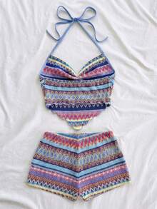 Soleia 春夏新款休闲度假西部海滩婚礼宾客着装毕业早午餐女装圣帕特里克节春假复活节音乐节优雅波西米亚热带彩色条纹吊带背心两件套 - 藍色 - 查看 2