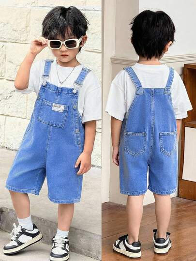 Tween Boy Fashion Casual Y2k Vintage Cool Street Returns To School College Patch Details And Pocket Design Basic Simple And Comfortable Blue Denim Loose Overalls Jeans Shorts For Kids Clothes Tween Boy Soft Dailywear And Kids Winter And Fall Rave Outfits Festival And Outfits Streetwear Clothes Kids Wide Leg Denim Overalls Kids Denim Jumpsuit