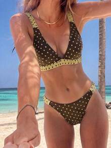 Swim Mod 2pcs/Set Women Summer Beach Vacation Swimsuit, Cute Random Polka Dot Print Triangle Cup Adjustable Strap Backless Bikini Set - Multicolor - View 1