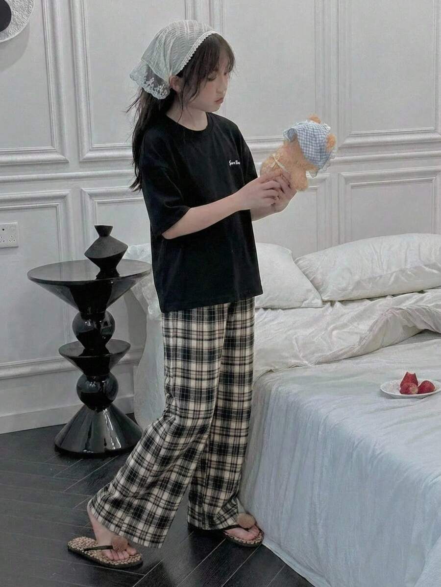 Dazy Kids Tween Girl Round Neck Short Sleeve Top And Plaid Print Pants Pajama Loungewear Set Summer - Black - View 1