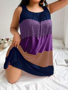 SHEIN Plus Size Women's Summer Colorblock Striped Print Sleeveless Loose Nightgown - Navy Blue - View 3