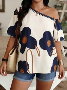 Weeklong Apricot Base Blue Floral Print Asymmetric Neck Short Sleeve Blouse, Plus Size, Spring/Summer Vacation - Multicolor - View 6