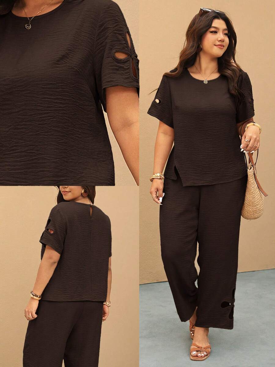 Elaquor Plus Size Solid Color Minimalist Daily Wear Round Neck Short Sleeve Top And Pants 2 Pieces Set - Brown - View 1