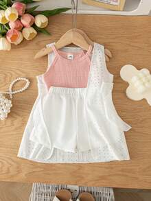 SHEIN 3pcs/Set Baby Girls' Summer New Knitted Texture Camisole Top, Hollow-Out Long Vest With Belt, Casual Loose White Short Top, Versatile Outfit For Vacation, Leisure & Sports - Pink - View 1