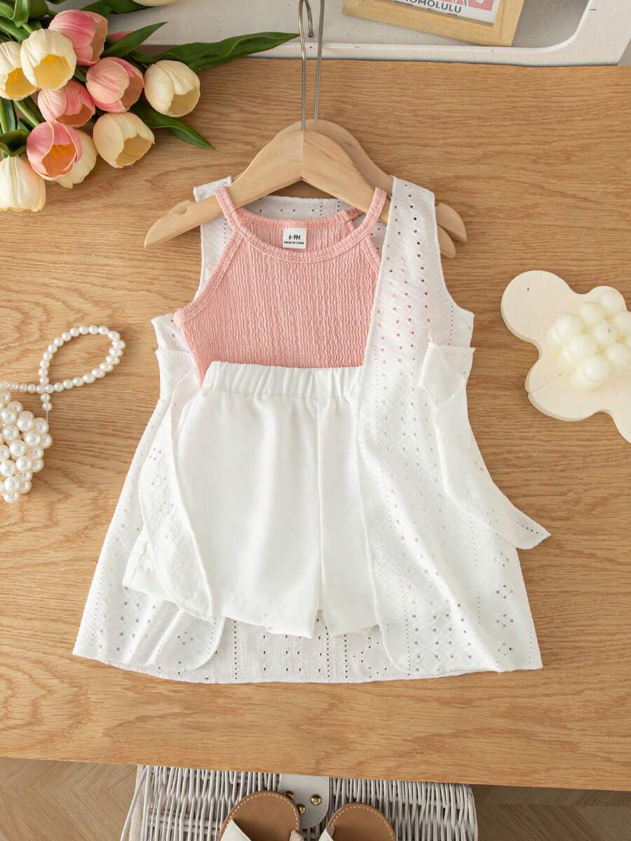 SHEIN 3pcs/Set Baby Girls' Summer New Knitted Texture Camisole Top, Hollow-Out Long Vest With Belt, Casual Loose White Short Top, Versatile Outfit For Vacation, Leisure & Sports - Pink - View 1