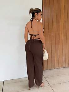 Maria Perezxox Setelan Dua Potong Gaya Prancis: Atasan Tank Top Model Halter dengan Pinggang Ramping dan Celana Panjang Longgar untuk Wanita - Coklat - View 2