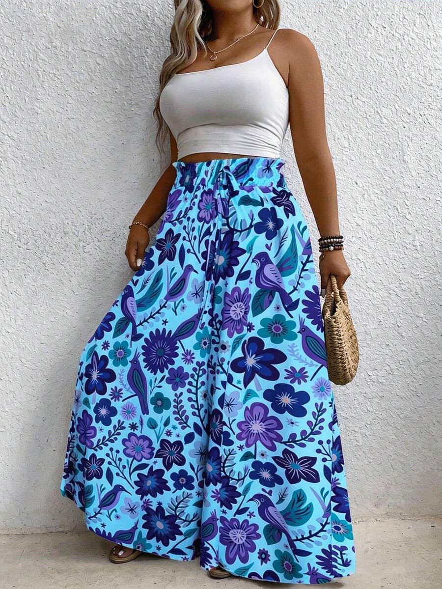 EMERY ROSE Pantalones de pierna ancha con estampado floral colorido de talla grande - Azul - Ver 1