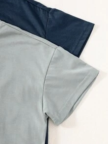 Conjunto de 4 piezas de pantalones cortos y camiseta de manga corta de estilo casual y holgado para niños, en azul marino y azul claro, con bordado de cactus, cómodo y suave, estilo minimalista para usar en verano - Multicolor - Ver 4