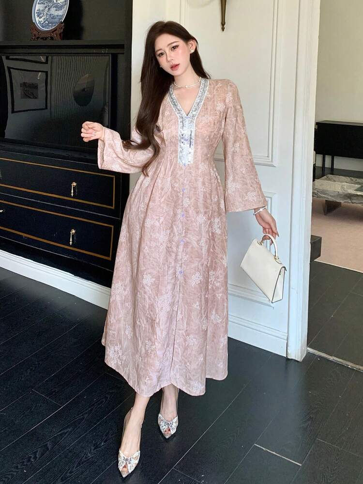 Women's Sequin Decor V-Neck Long Sleeve Elegant Dress Sun Dresses For Women