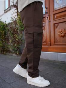 LEOGASHI LEOGASHI 1 件男士多口袋纯色修身工装裤，适合春夏海滩、度假、日常通勤、锻炼、户外、休闲、健身、慢跑、直筒裤、时尚街头服饰，适合秋季 - 棕色 - 查看 6