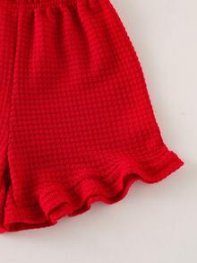 SHEIN Elladie kids 2件組少女夏季無袖套裝，家庭配色花卉拼接款，柔軟舒適居家戶外穿著，桃紅色上衣+短褲，寬鬆休閒卡通套裝 - 紅色 - 查看 7