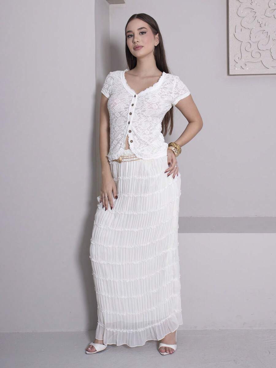 Duda Rubert Solid Color Knit Lace Short Sleeve V-Neck Fitted Women Top - Apricot - View 1