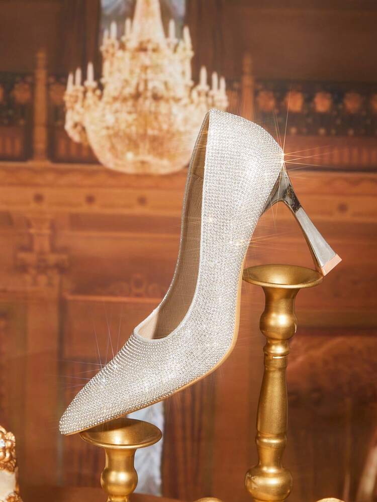 CUCCOO TILAWA Women's Silver Elegant Pointed Toe High Heel Pumps, Rhinestone Decor Pyramid Heel Sexy High Heels, Charming Party Stilettos, Suitable For Office, Outdoor, Wedding, Banquet, Party, Spring, Easter