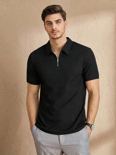 HIMLAND Men Fashion Plain Work Quarter Zip Ribbed Knit Polo Shirt, For Golf