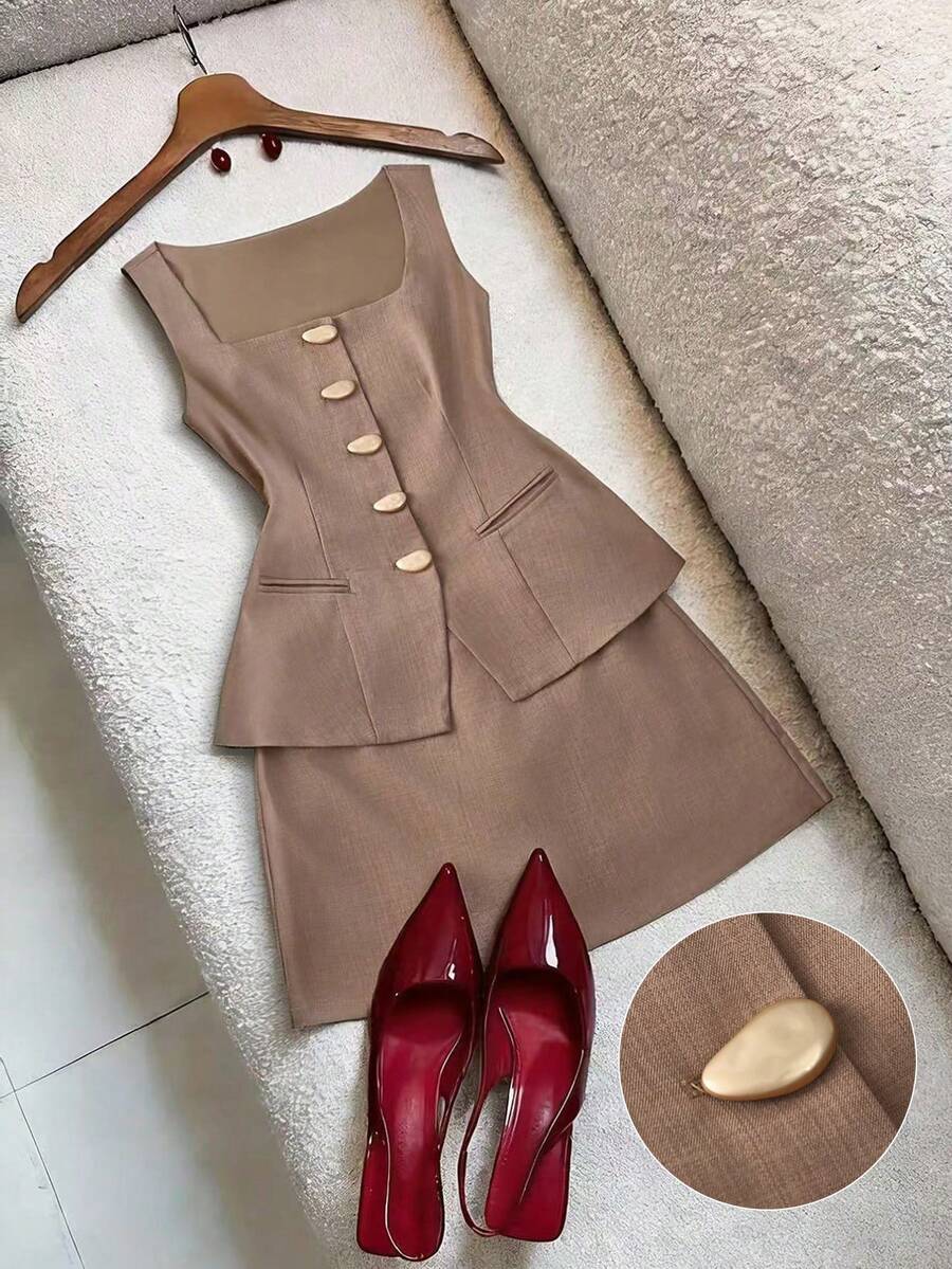 Franclia 两件套：简约休闲通勤套装（背心和裙子） - 卡其色 - 查看 1