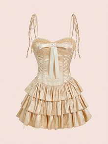 ROMWE EDITION Women's Vintage Palace-Style Multilayer Ruffle Textured Satin Fabric Dress, Suitable For Wedding Season - Apricot - View 5