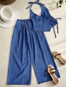 GlowEve Bộ đồ nữ gồm áo yếm vạt lệch và quần jeans ống rộng. - Màu xanh lam - Xem 1