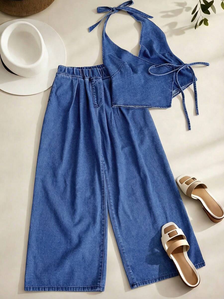 GlowEve Bộ đồ nữ gồm áo yếm vạt lệch và quần jeans ống rộng. - Màu xanh lam - Xem 1