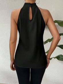 SHEIN PETITE Áo kiểu nữ màu đen thanh lịch, cổ đứng, thiết kế xoắn, cài một hàng cúc hình nấm, không tay, ôm dáng, thích hợp cho mùa xuân/hè. - màu đen - Xem 2