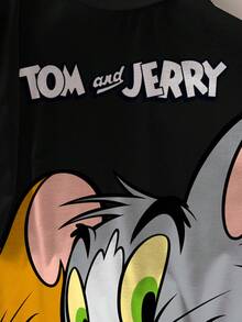 TOM & JERRY X SHEIN Áo thun ngắn tay nữ cổ tròn in chữ hoạt hình, kiểu dáng thường ngày, đa năng. - trắng - Xem 5