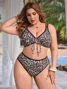 Swim Lushoire Plus Size Multicolor Print Halter Neck Hollow Out Tie Front Top And High Waist Triangle Bottom Swimwear Set, Beige Summer Beach Vacation Holiday Sexy - Multicolor - View 1