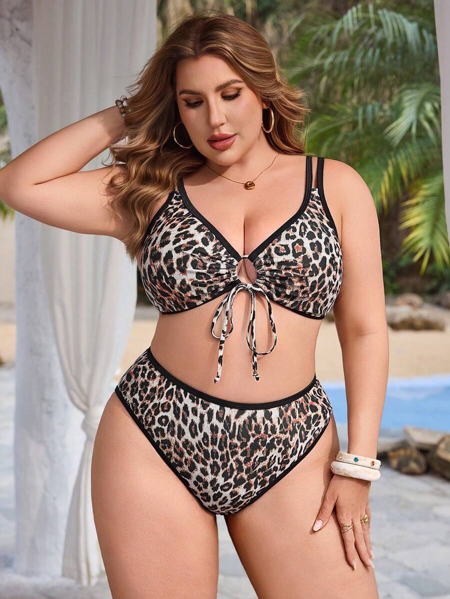Swim Lushoire Plus Size Multicolor Print Halter Neck Hollow Out Tie Front Top And High Waist Triangle Bottom Swimwear Set, Beige Summer Beach Vacation Holiday Sexy - Multicolor - View 1