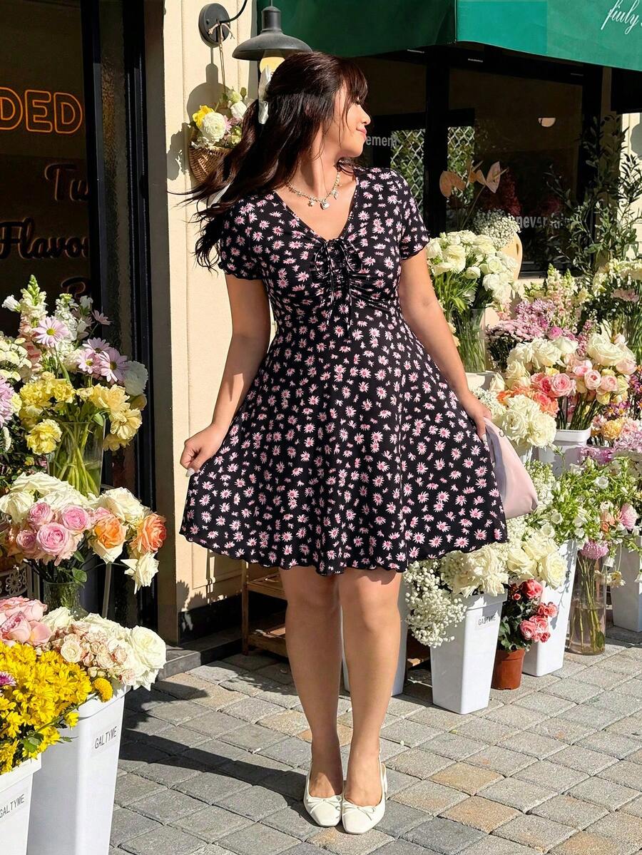 GalTyme Plus Size Summer Casual Ditsy Floral Dress